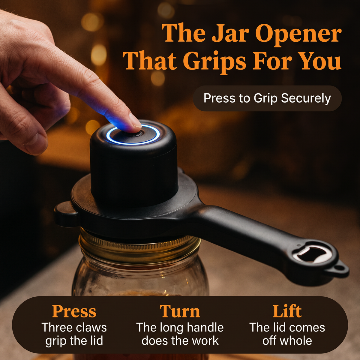 A finger presses the lit button on top of the Levolift opener as it sits on a jar lid. Text: The jar opener that grips for you. Press to grip securely.
