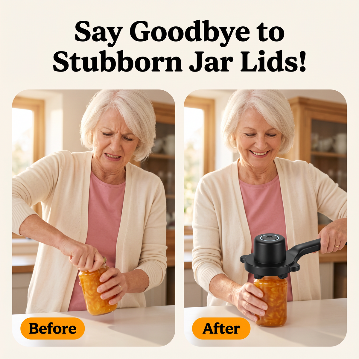 Before and after: a woman struggles to twist open a jar by hand, then turns the Levolift handle while steadying the jar. Text: Say goodbye to stubborn jar lids.