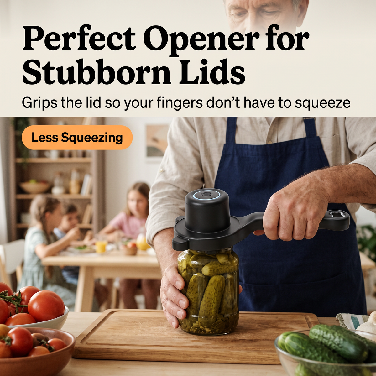 A man turns the Levolift handle on a jar of pickles while steadying the jar. Text: Perfect opener for stubborn lids. Grips the lid so your fingers don't have to squeeze.